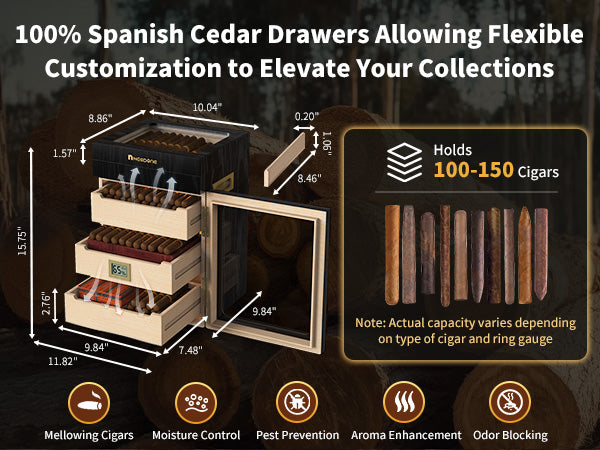 no-150-cd-cigar-humidor-humidity-control-woodgrain-display-cabinet-spanish-cedar-drawers-peoduct-dimension