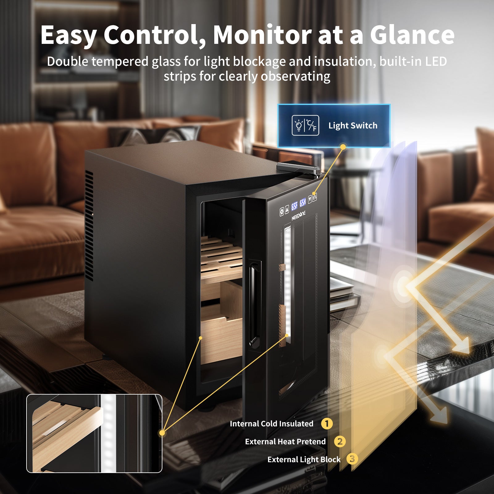 Cigar Humidor, 16L Pro Temp Humidity Control - NEEDONE