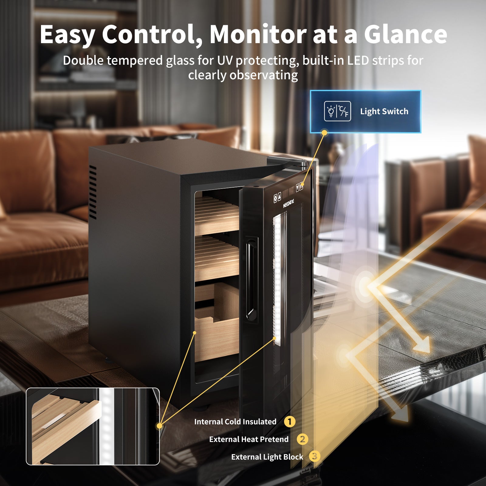 Cigar Humidor, 23L Temperature Humidity Control - NEEDONE
