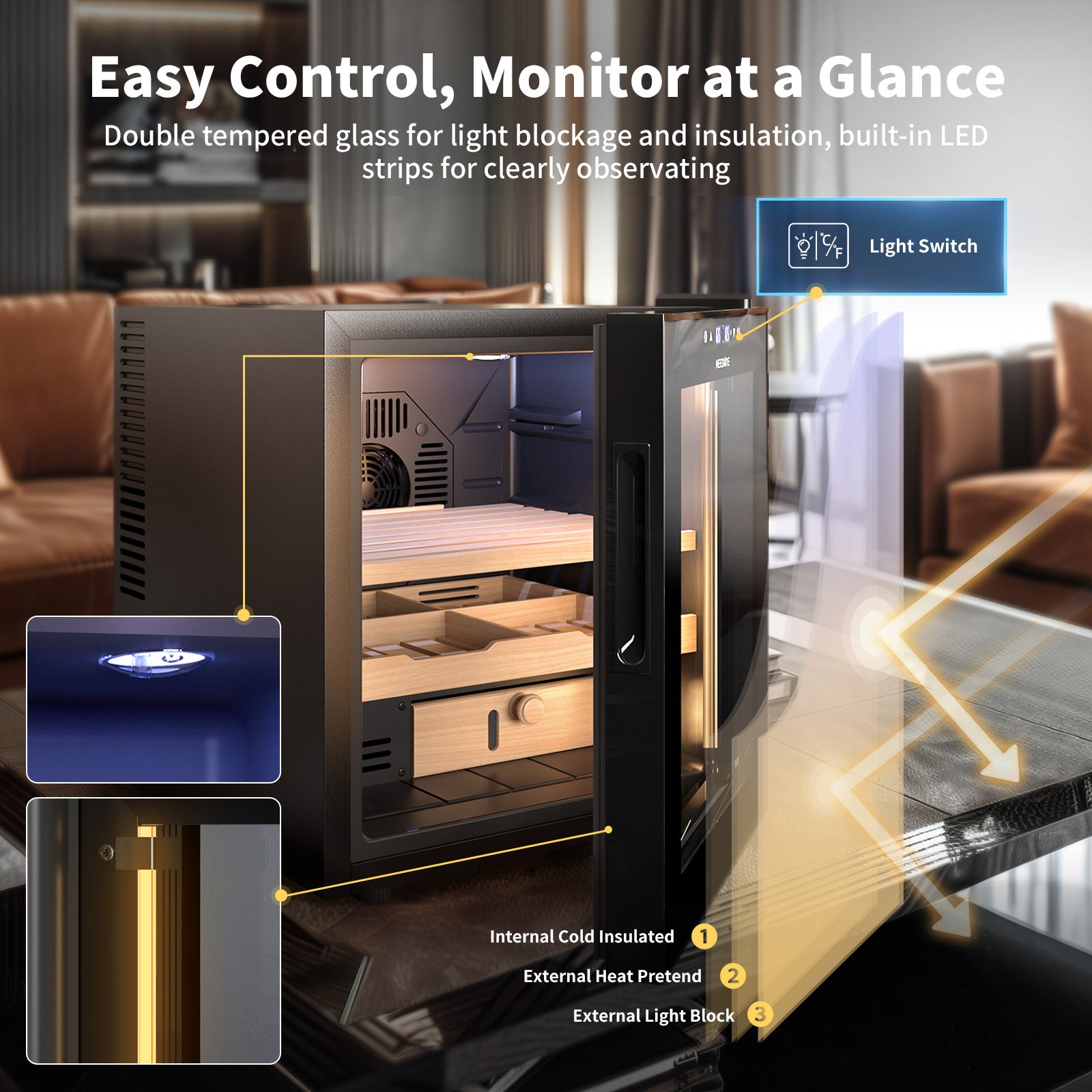 Cigar Humidor, 48L Temperature Humidity Control - NEEDONE